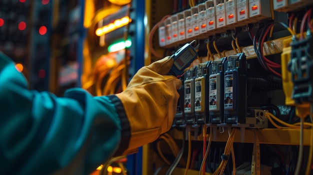 Photo la main d'un électricien avec une sonde multimètre à une armoire de commutation électrique