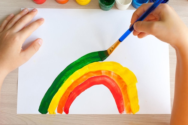 La main d'un enfant dessine un arc-en-ciel avec un pinceauBeaucoup de boîtes de couleur vert jaune rouge sur la table miroir dans la salle de classeLes doigts féminins tiennent la peinture bleue ouverteLe concept d'éducation artistique scolaire