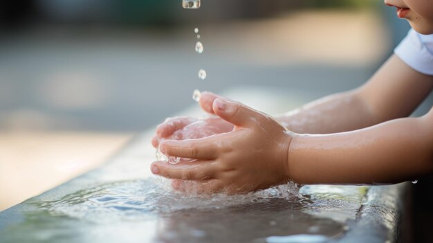 Une main d'enfant est lavée avec de l'eau.