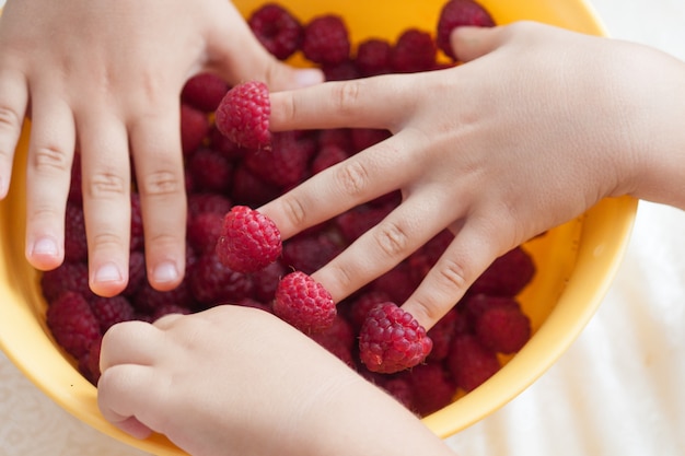 Main de l&#39;enfant avec des framboises aux doigts