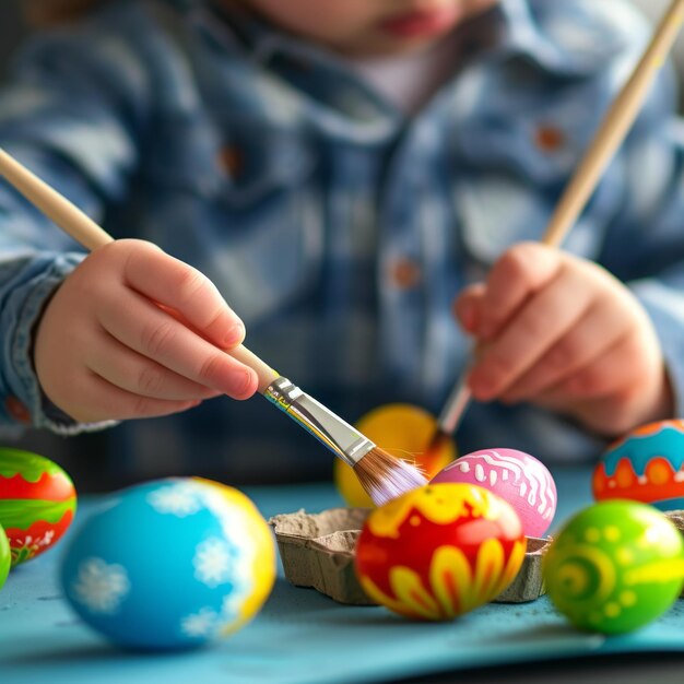 Une main d'enfant peint des œufs de Pâques colorés avec un pinceau Traditions de vacances Créativité Art du printemps Décorations faites à la main Fun famille