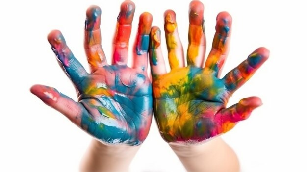 Photo main d'enfant peinture colorée sur fond blanc isolé