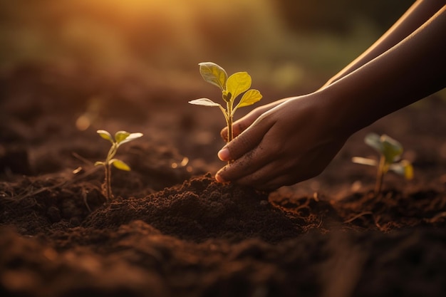 La main d'un enfant plante des semis dans le sol.