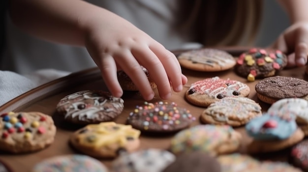 La main de l'enfant prend des cookies sur la table ai générative