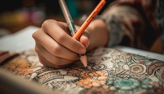 Main d'enfant tenant un crayon dessinant un motif coloré généré par l'IA