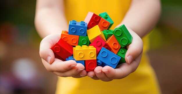 La main d'un enfant tenant un ensemble coloré de blocs de construction