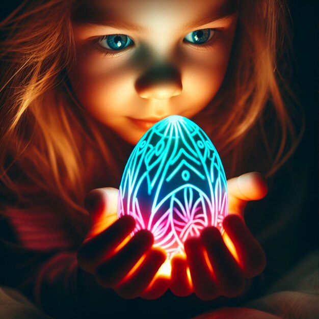 Photo la main d'un enfant tenant l'œuf de pâques au néon