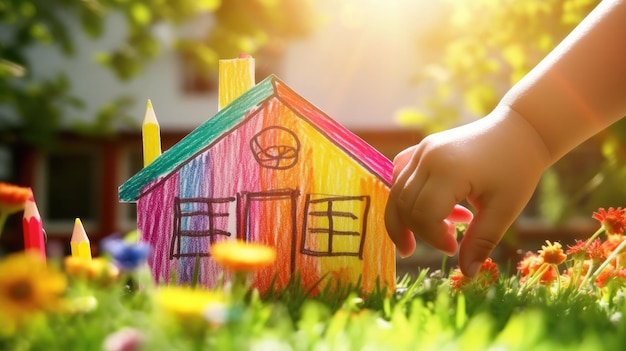 La main d'un enfant tient une maison faite de crayons de couleur devant un jardin.