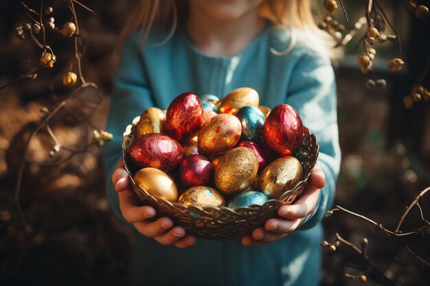 la main de l'enfant tient un œuf de Pâques coloré dans le jardin avec la lumière du soleil générative Al