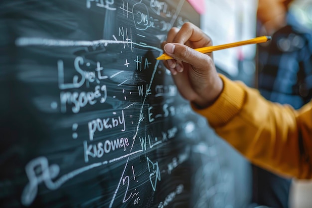 La main d'un enseignant écrivant des équations sur un tableau noir dans une salle de classe