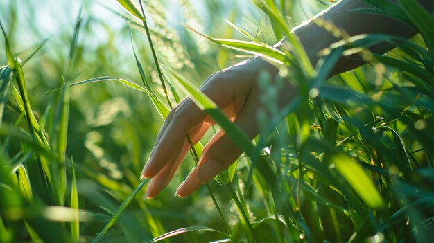 Photo une main est dans l'herbe avec le soleil qui brille à travers elle