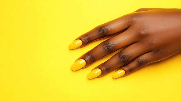 La main est élégamment positionnée avec des doigts lisses et des ongles jaunes vifs tout mis sur un fond jaune frappant qui améliore l'esthétique joyeuse