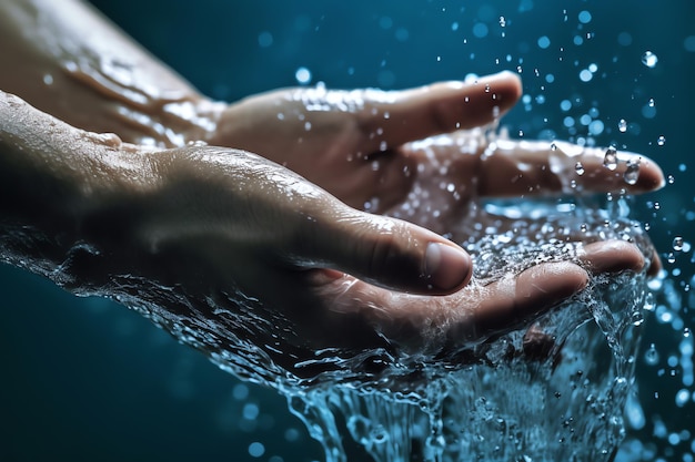 Une main est lavée dans une eau bleue