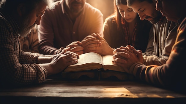 Main de famille chrétienne priant la bible ensemble Image générée par l'IA