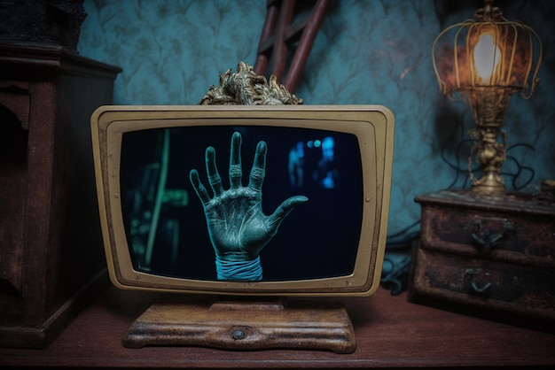 Main de fantôme sur l'écran de la télévision vintage dans la maison hantée Concept de film d'horreur