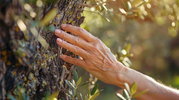 la main de la femelle touche doucement l'écorce d'un vieil olivier en prenant l'air frais et en se livrant à des activités en plein air