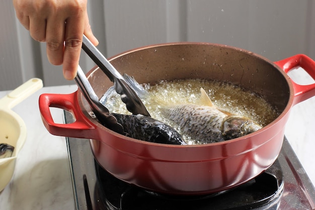 Main féminine à l'aide de pinces en acier inoxydable Processus de friture de poissons de carpe de rivière dans une poêle à frire rouge Goreng Ikan Mas