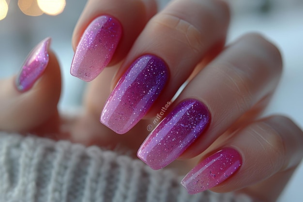 Main féminine avec un art des ongles brillant et élégant en gradient violet clair et beige clair