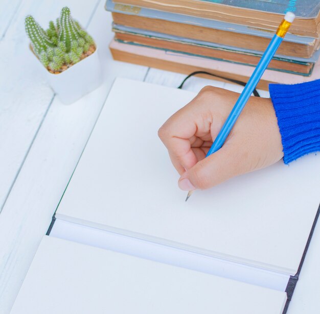 Main féminine avec une chemise de printemps écrit quelque chose avec un crayon