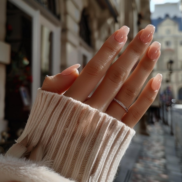 Main féminine avec manucure beige en gros plan de la ville