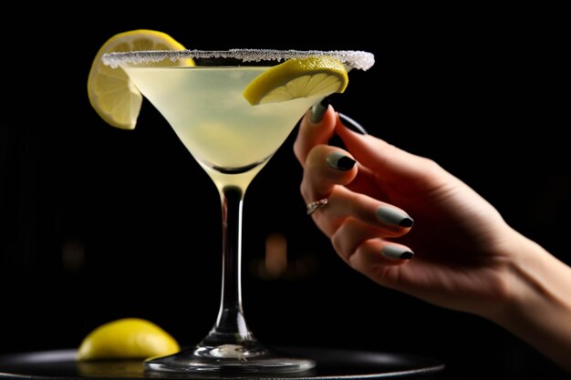 Main féminine avec manucure tenant un verre de martini avec du citron sur fond noir