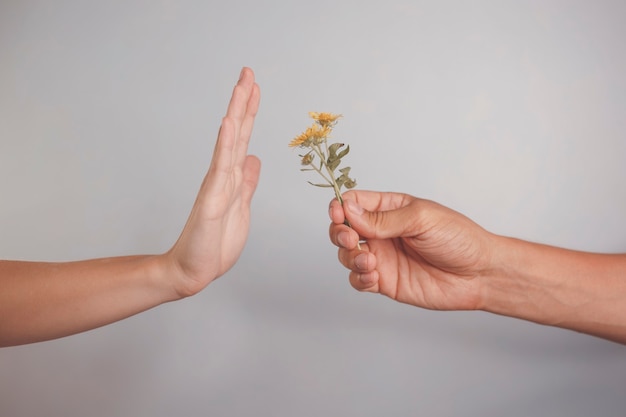 Main féminine et masculine avec une fleur sur fond bleu