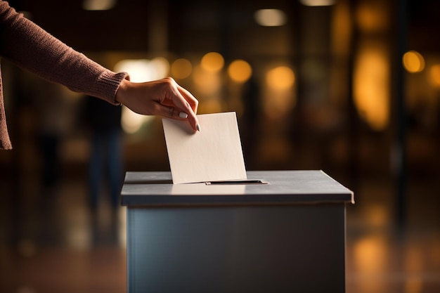 Main féminine mettant le bulletin de vote dans l'urne Concept d'élection