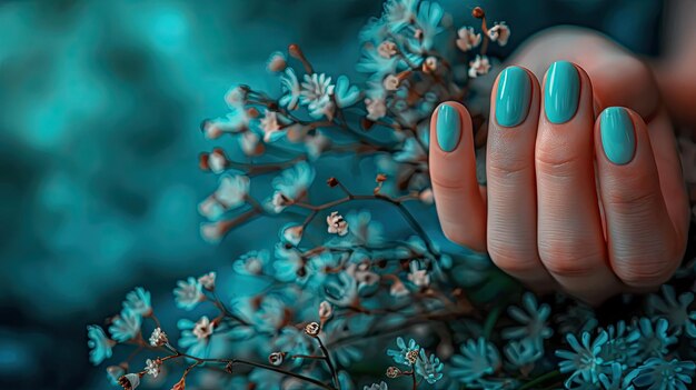 Main féminine avec un motif d'ongle turquoise Manicure de vernis à ongles bleu