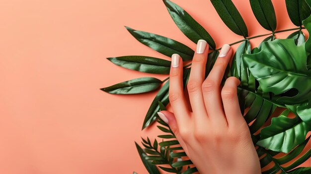 Une main féminine avec des ongles pâles parmi les feuilles vertes