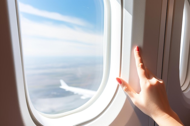 Main féminine ouvrant la fenêtre de l'avion et vue sur les nuages