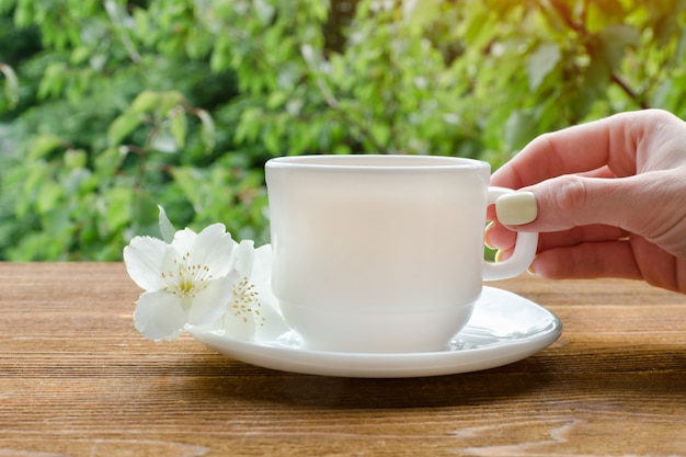 Main féminine avec une tasse de thé blanche et de jasmin.