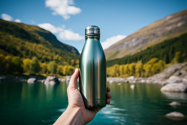 Main féminine tenant une bouteille d'eau sur le fond des montagnes et du lac