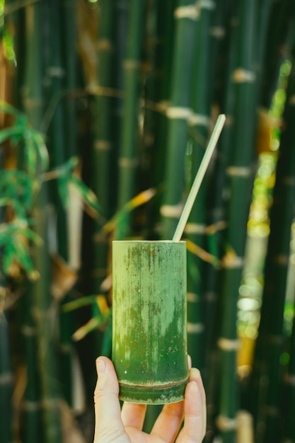 Main féminine tenant une tasse à la main avec du bois de bambou. Conteneurs naturels. Réutilisez et recyclez les tasses biologiques.