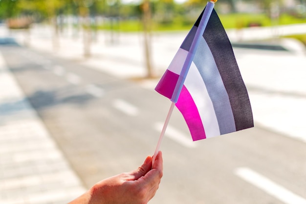 Main féminine tenir le drapeau de la fierté asexuée