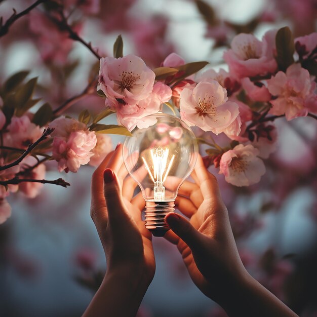 Une main féminine tient une ampoule lumineuse.