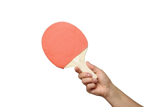 Main féminine tient deux raquettes de tennis de table en bois, surface blanche, gros plan