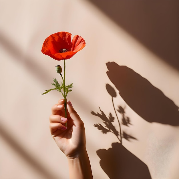 La main féminine tient une fleur rouge à la lumière du soleil avec un fond naturel.