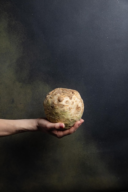 la main féminine tient des légumes sur un fond sombre