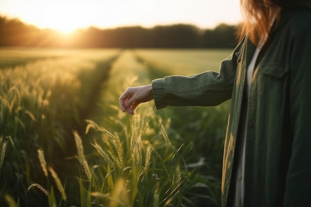 Main féminine touchant des plantes sur le terrain créées avec l'IA générative