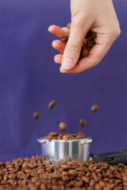 Main féminine versant les grains de café dans le tamper à café sur la violette