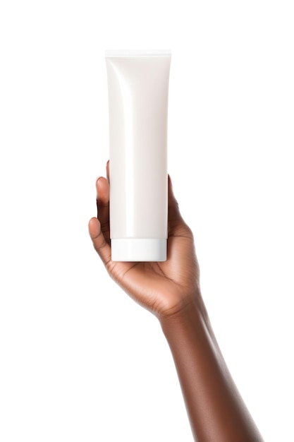 Main de femme afro tenant un tube de crème maquette style illustration générée par AI