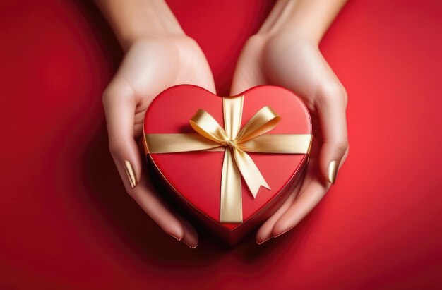 Photo une main de femme avec une boîte en forme de cœur qui dit cadeau