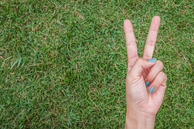 Main de femme brandissant le signe de la paix ou numéro deux avec deux doigts sur l&#39;herbe verte