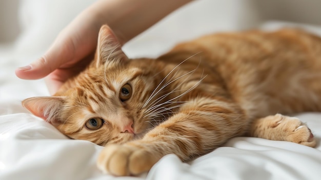 La main d'une femme caressant une tête de chat