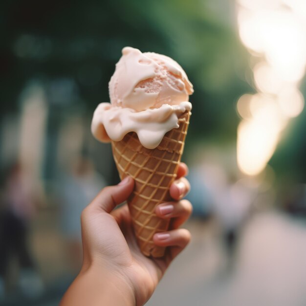 Main de femme caucasienne tenant une glace blanche dans un cône créé à l'aide de la technologie générative ai