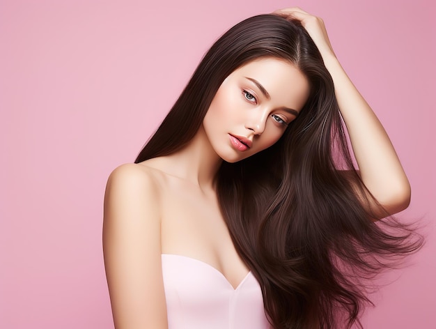 Main de femme cheveux longs touchant les cheveux modèle de coiffure brune lisse isolé fond rose