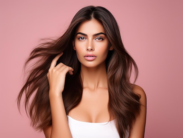 Main de femme cheveux longs touchant les cheveux modèle de coiffure brune lisse isolé fond rose