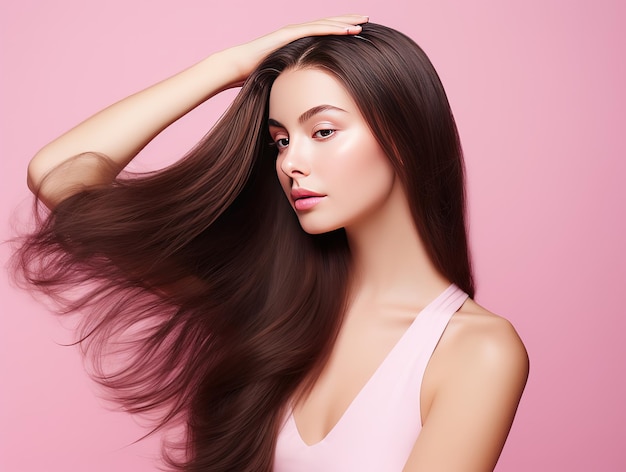 Main de femme cheveux longs touchant les cheveux modèle de coiffure brune lisse isolé fond rose