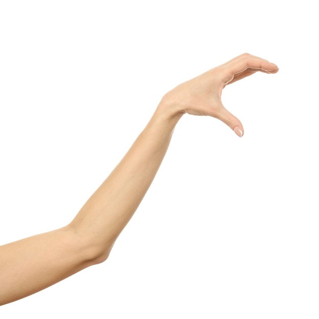 Main de femme cueillette, tenant, saisissant ou atteignant isolé sur blanc