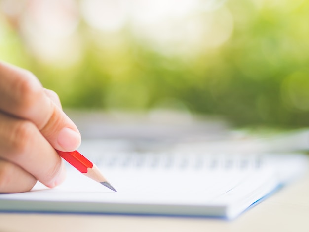 Main de femme écrit avec un crayon rouge, un document commercial et un carnet de notes sur une table de travail